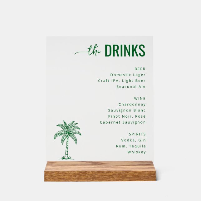 Refined Green Minimalist Beverage Menu Acrylic Sign (Front)