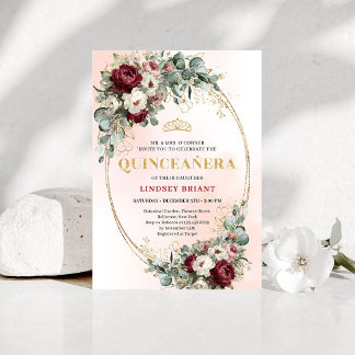 Refined Marsala Floral Gold Quinceañera Invitation