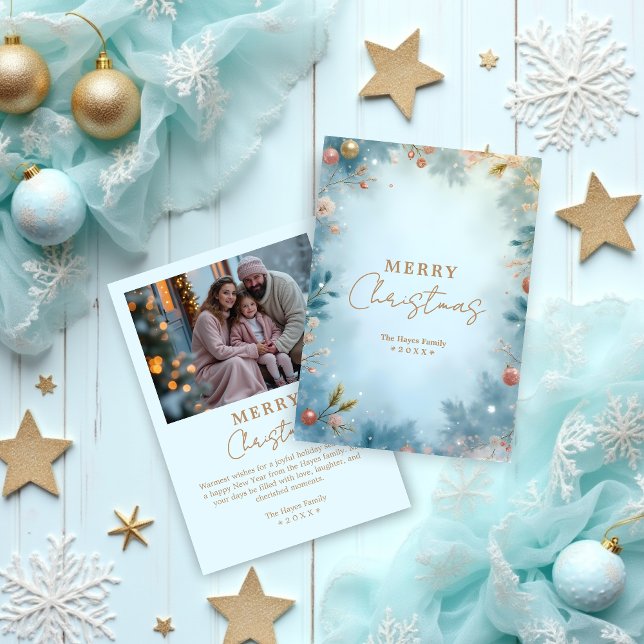 Refined Minimalist Light Blue and Gold Nordic  Holiday Card (Light Blue and Gold Nordic Christmas Holidays Cards with Refined Minimalist Design and Back Photo. )