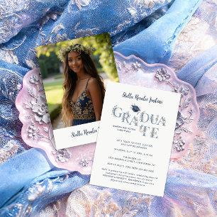 Refined Navy Blue Floral Botanical Photo Grad Invitation
