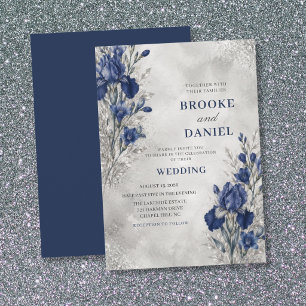 Refined Navy Iris Freesia Silver Glitter Wedding Invitation