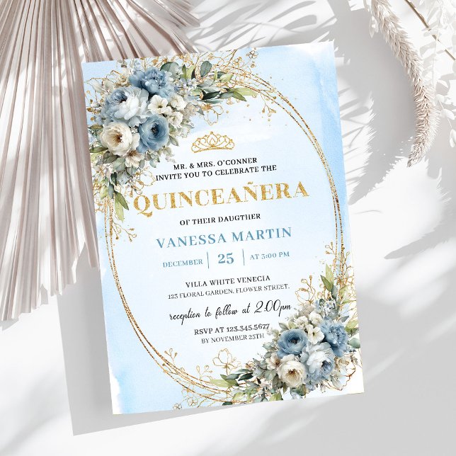Refined Pastel Blue Gold Eucalyptus Quince Invites (Refined Pastel Blue Gold Eucalyptus Quince Invitation)
