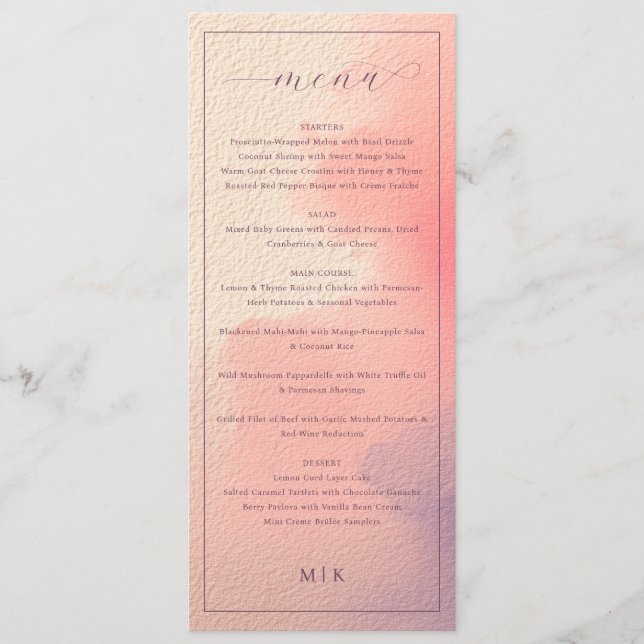 Refined Peach Watercolor Wedding Menu (Front)
