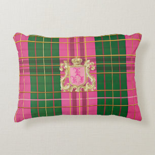 Refined Pink and Green Plaid Monogram Accent Pillow