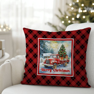 Refined red truck holiday scene rustic red green throw pillow