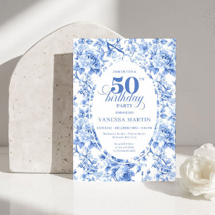 Refined Royal Blue Toile de Jouy Floral 50 Birthd Invitation