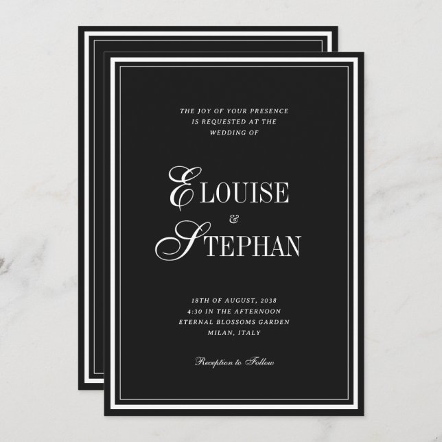 Refined Script Black White QR Code Details Wedding Invitation (Front/Back)