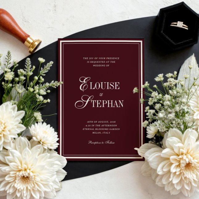 Refined Script Burgundy QR Code Details Wedding Invitation (Creator Uploaded)