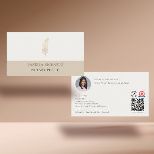 Refined Tan & Gold Feather Notary Photo QR Code Business Card