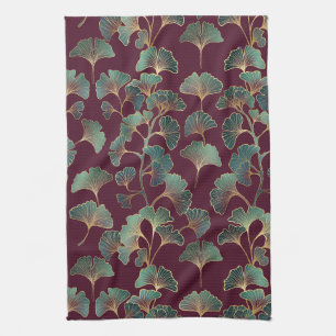 Refined Teal Ginkgo with Gold Accents Kitchen Towel