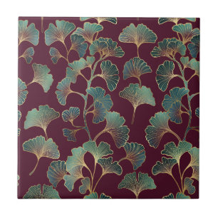 Refined Teal Ginkgo with Gold Accents Tile