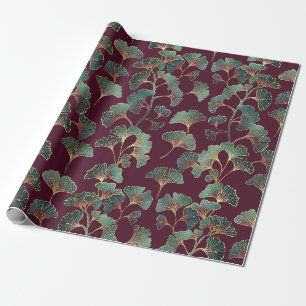 Refined Teal Ginkgo with Gold Accents Wrapping Paper
