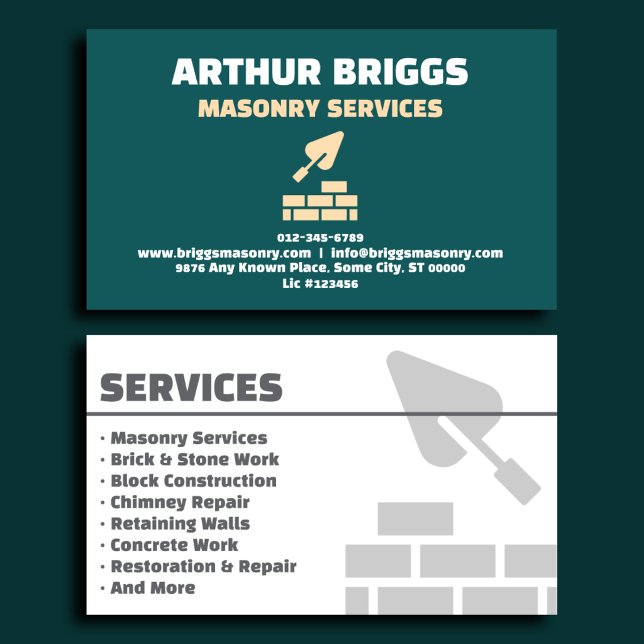 Refined Teal Masonry Contractor Business Card (Creator Uploaded)