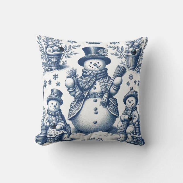 Refined Toile Blue Snowman Pattern  Throw Pillow (Front)