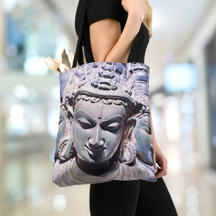 “Reflect” quote Asian stone faces statue photo Tote Bag