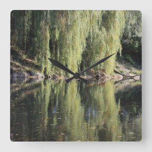 Reflected Willow Trees In River Square Wall Clock