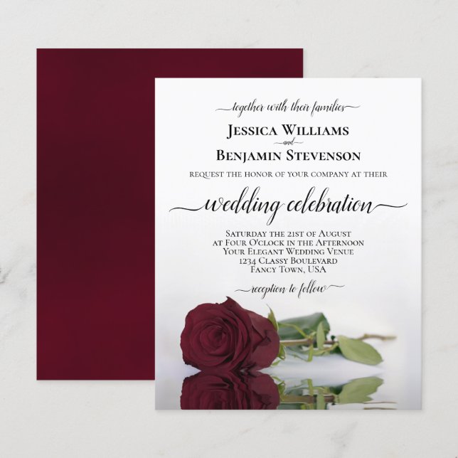 Reflecting Burgundy Rose BUDGET Wedding Invite (Front/Back)