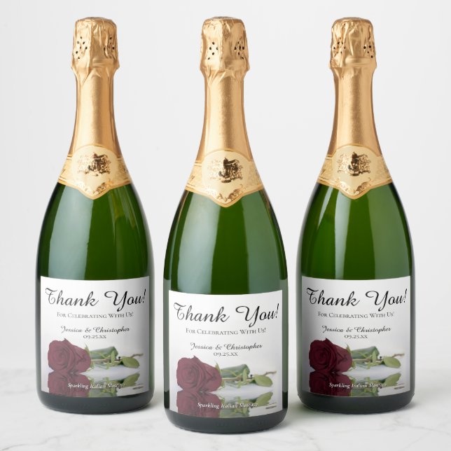 Reflecting Burgundy Rose Wedding Thank You Sparkling Wine Label (Bottles)