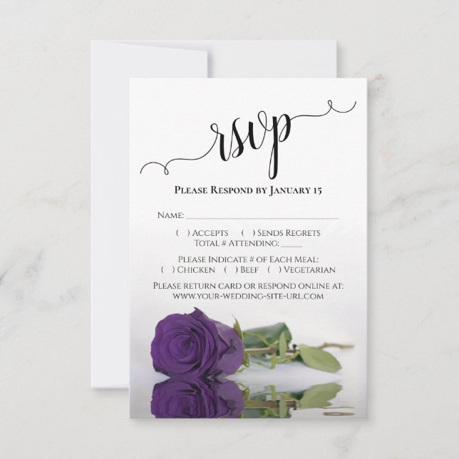 Reflecting Deep Royal Purple Rose Elegant Wedding RSVP Card (Front)