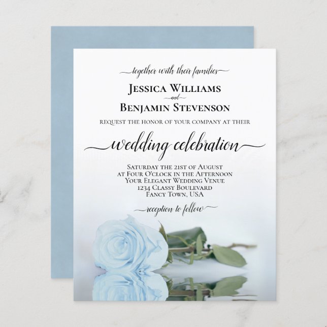 Reflecting Dusty Blue Rose BUDGET Wedding Invite (Front/Back)