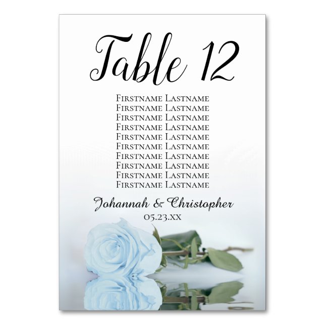 Reflecting Dusty Blue Rose Seating Chart Wedding Table Number (Back)