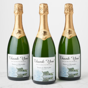 Reflecting Dusty Blue Rose Wedding Thank You Sparkling Wine Label