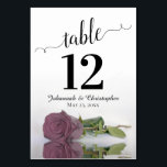 Reflecting Dusty Mauve Pink Rose Elegant Wedding Table Number<br><div class="desc">These beautiful table number cards will make it easy for your guests to find their seats at your wedding reception. Features a gorgeous design with lacy script calligraphy and a single dusty rose or mauve pink coloured rose lying on its side with ripples waves and reflections. There is space for...</div>
