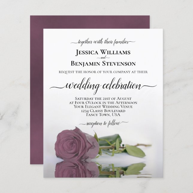 Reflecting Dusty Mauve Rose BUDGET Wedding Invite (Front/Back)