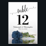 Reflecting Dusty Steel Blue Rose Elegant Wedding Table Number<br><div class="desc">These beautiful table number cards will make it easy for your guests to find their seats at your wedding reception. Features a gorgeous design with lacy script calligraphy and a single dusty steel blue rose lying on its side with ripples waves and reflections. There is space for the couple's names...</div>