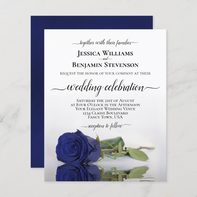 Reflecting Navy Blue Rose BUDGET Wedding Invite (Front/Back)