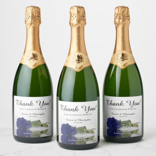 Reflecting Navy Blue Rose Wedding Thank You Sparkling Wine Label (Bottles)