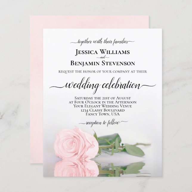 Reflecting Pink Rose BUDGET Wedding Invitation (Front/Back)