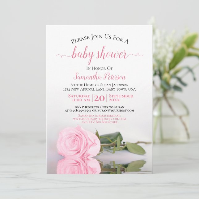 Reflecting Pink Rose Elegant Baby Girl Shower Invitation (Standing Front)