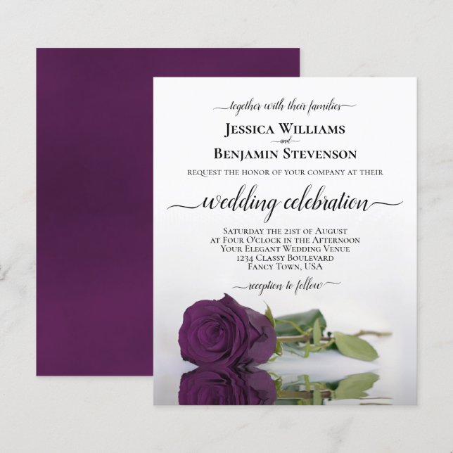 Reflecting Plum Purple Rose BUDGET Wedding Invite (Front/Back)