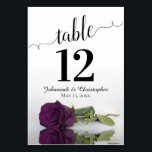 Reflecting Plum Purple Rose Elegant Wedding Table Number<br><div class="desc">These beautiful table number cards will make it easy for your guests to find their seats at your wedding reception. Features a gorgeous design with lacy script calligraphy and a single plum purple coloured rose lying on its side with ripples waves and reflections. There is space for the couple's names...</div>
