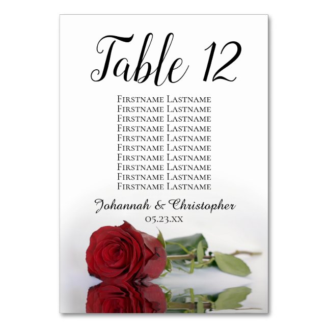 Reflecting Red Rose Seating Chart Wedding Table Number (Back)