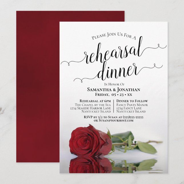 Reflecting Red Rose Wedding Rehearsal Dinner Invitation (Front/Back)