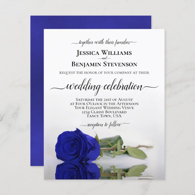 Reflecting Royal Blue Rose BUDGET Wedding Invite (Front/Back)
