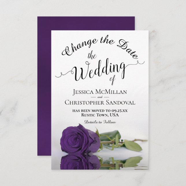 Reflecting Royal Purple Rose Change Wedding Plans Save The Date (Front/Back)