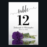 Reflecting Royal Purple Rose Elegant Wedding Table Number<br><div class="desc">These beautiful table number cards will make it easy for your guests to find their seats at your wedding reception. Features a gorgeous design with lacy script calligraphy and a single royal purple coloured rose lying on its side with ripples waves and reflections. There is space for the couple's names...</div>