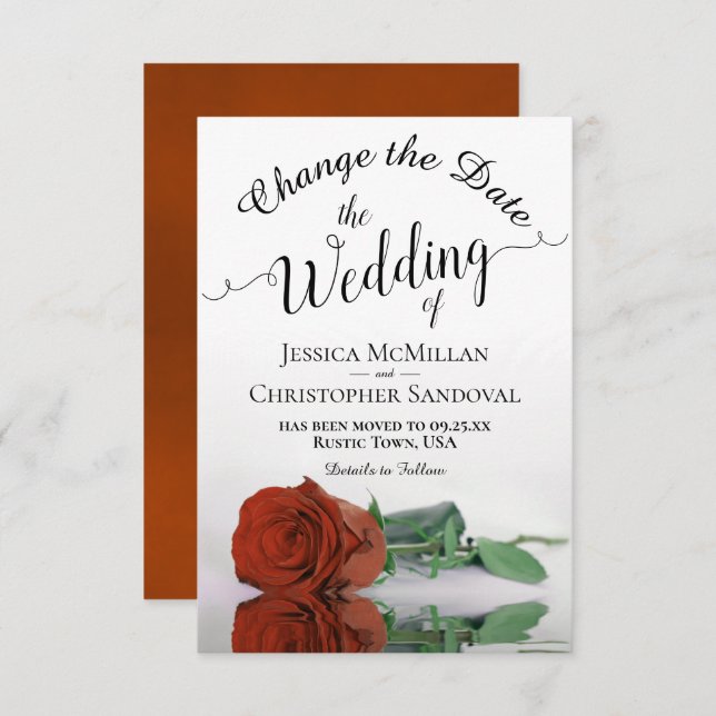 Reflecting Rust Orange Rose Change Wedding Plans Save The Date (Front/Back)