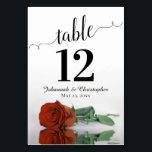 Reflecting Rust Orange Rose Elegant Wedding Table Number<br><div class="desc">These beautiful table number cards will make it easy for your guests to find their seats at your wedding reception. Features a gorgeous design with lacy script calligraphy and a single rust orange or burnt umber coloured rose lying on its side with ripples waves and reflections. There is space for...</div>