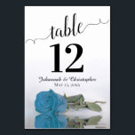 Reflecting Sky Blue Turquoise Rose Elegant Wedding Table Number<br><div class="desc">These beautiful table number cards will make it easy for your guests to find their seats at your wedding reception. Features a gorgeous design with lacy script calligraphy and a single sky blue, turquoise, or azure coloured rose lying on its side with ripples waves and reflections. There is space for...</div>