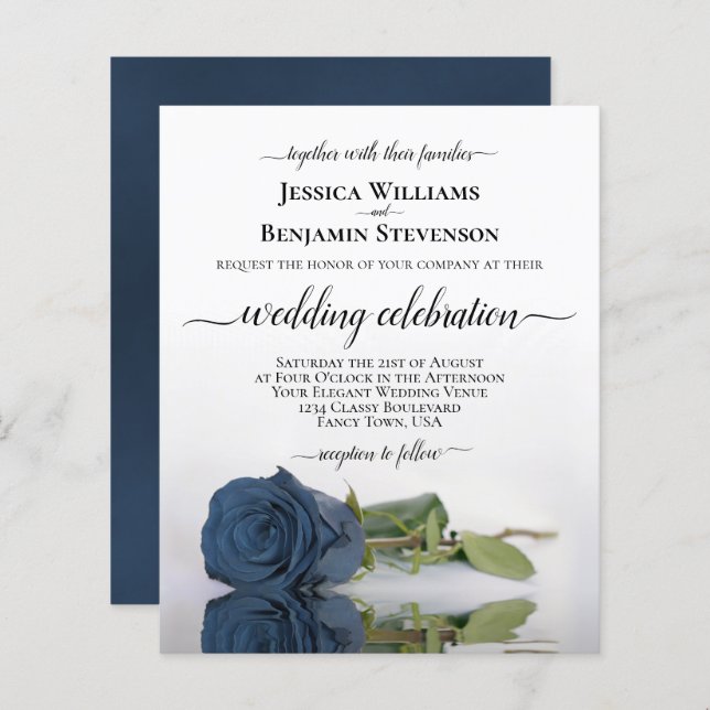 Reflecting Steel Blue Rose BUDGET Wedding Invite (Front/Back)