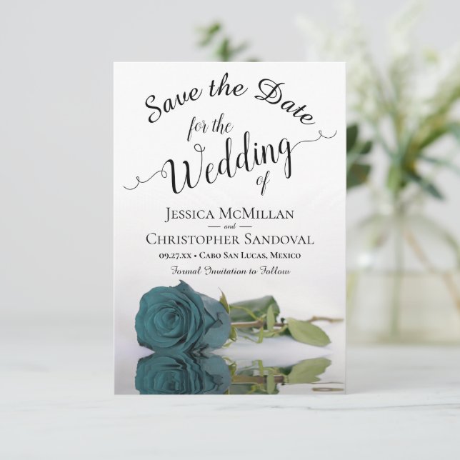 Reflecting Teal Rose Elegant & Romantic Wedding Save The Date (Standing Front)