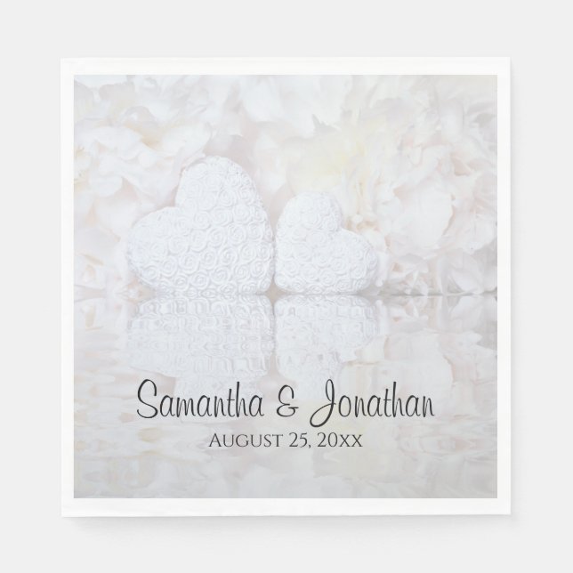 Reflecting White Hearts & Peonies Elegant Wedding Napkin (Front)