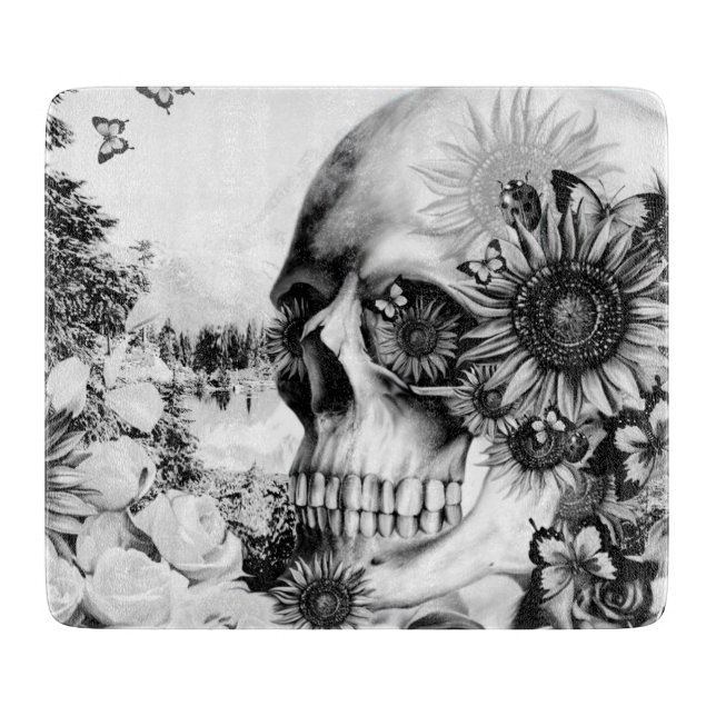 Reflection. Floral landscape skull. Cutting Board (Front)