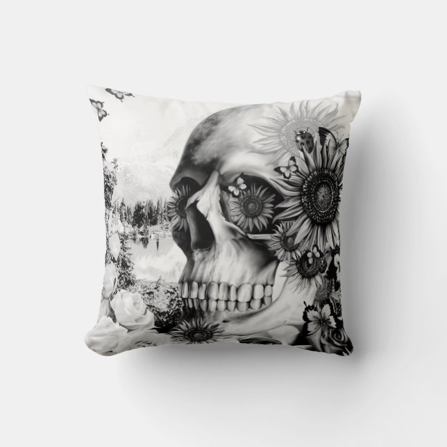 Reflection. Floral landscape skull pillow. Throw Pillow (Front)