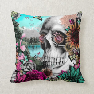 Reflection. Floral landscape skull. Throw Pillow