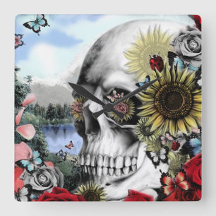 Reflection, landscape skull. square wall clock